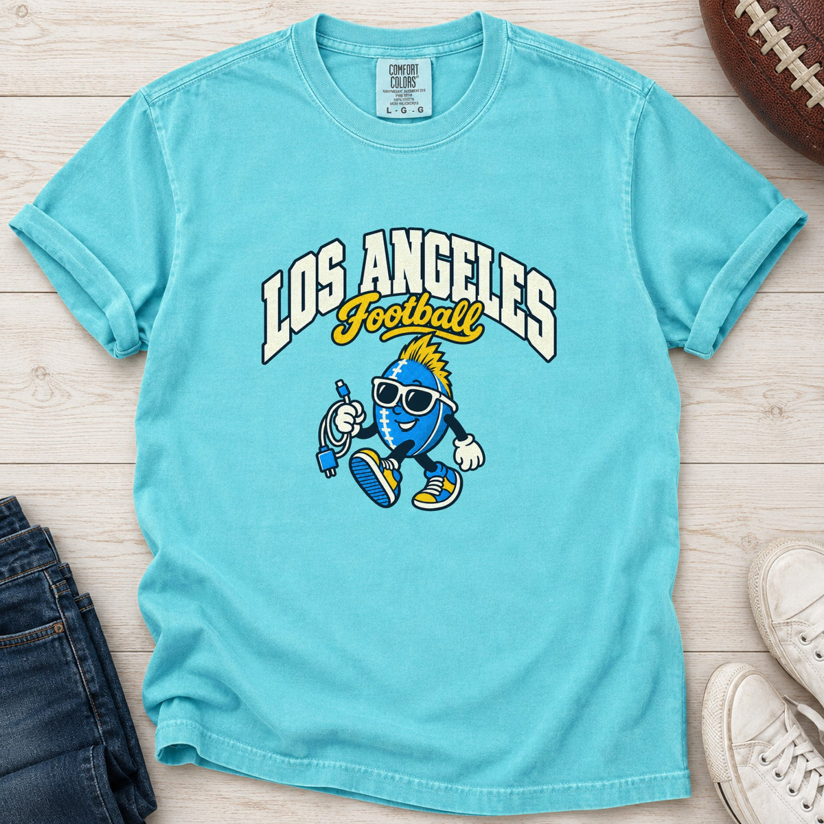 Los Angeles Football Charger Cord Retro Mascot T-Shirt in Comfort Colors Lagoon Blue