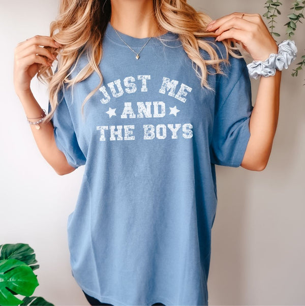 Just Me and the Boys funny boy mom Comfort Colors t-shirt.
