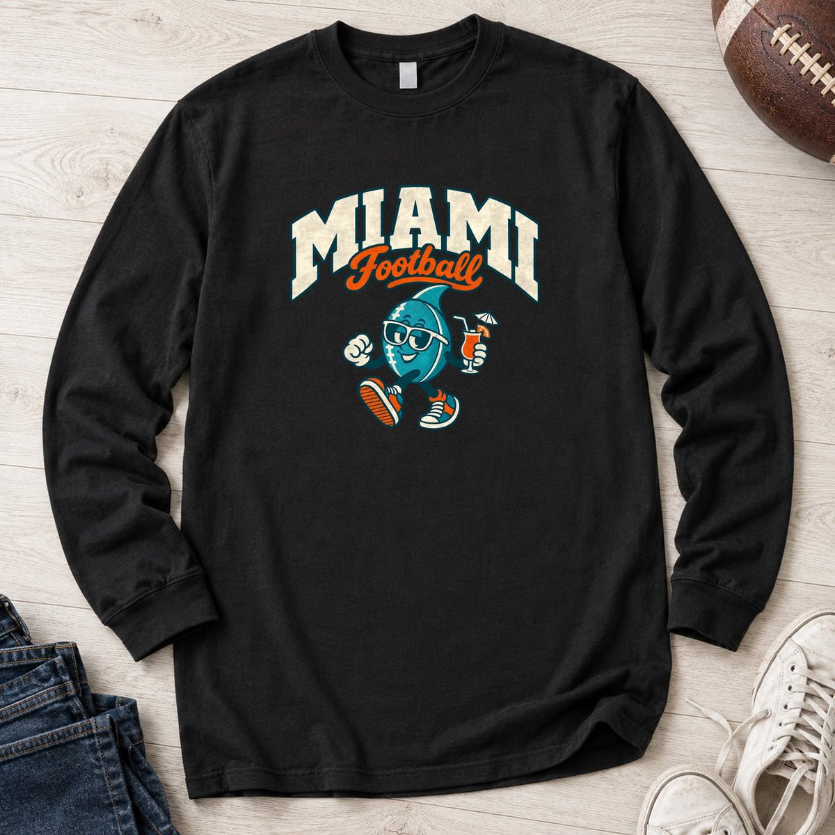 Miami Football Retro Mascot Long Sleeve in Black