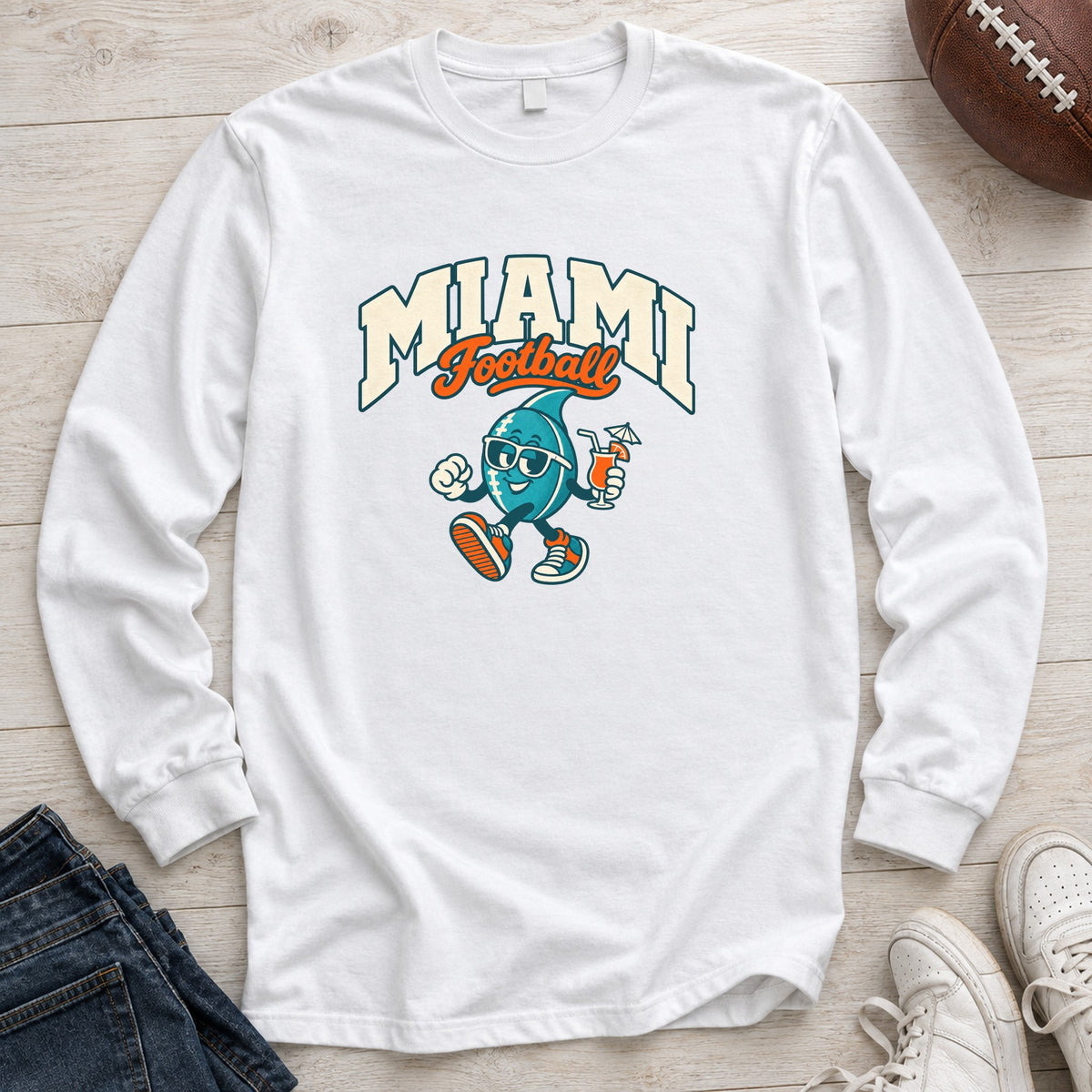 Miami Football Retro Mascot Long Sleeve in White
