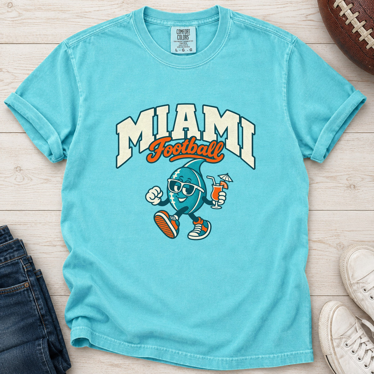 Miami Football Retro Mascot T-Shirt in Comfort Colors Lagoon Blue