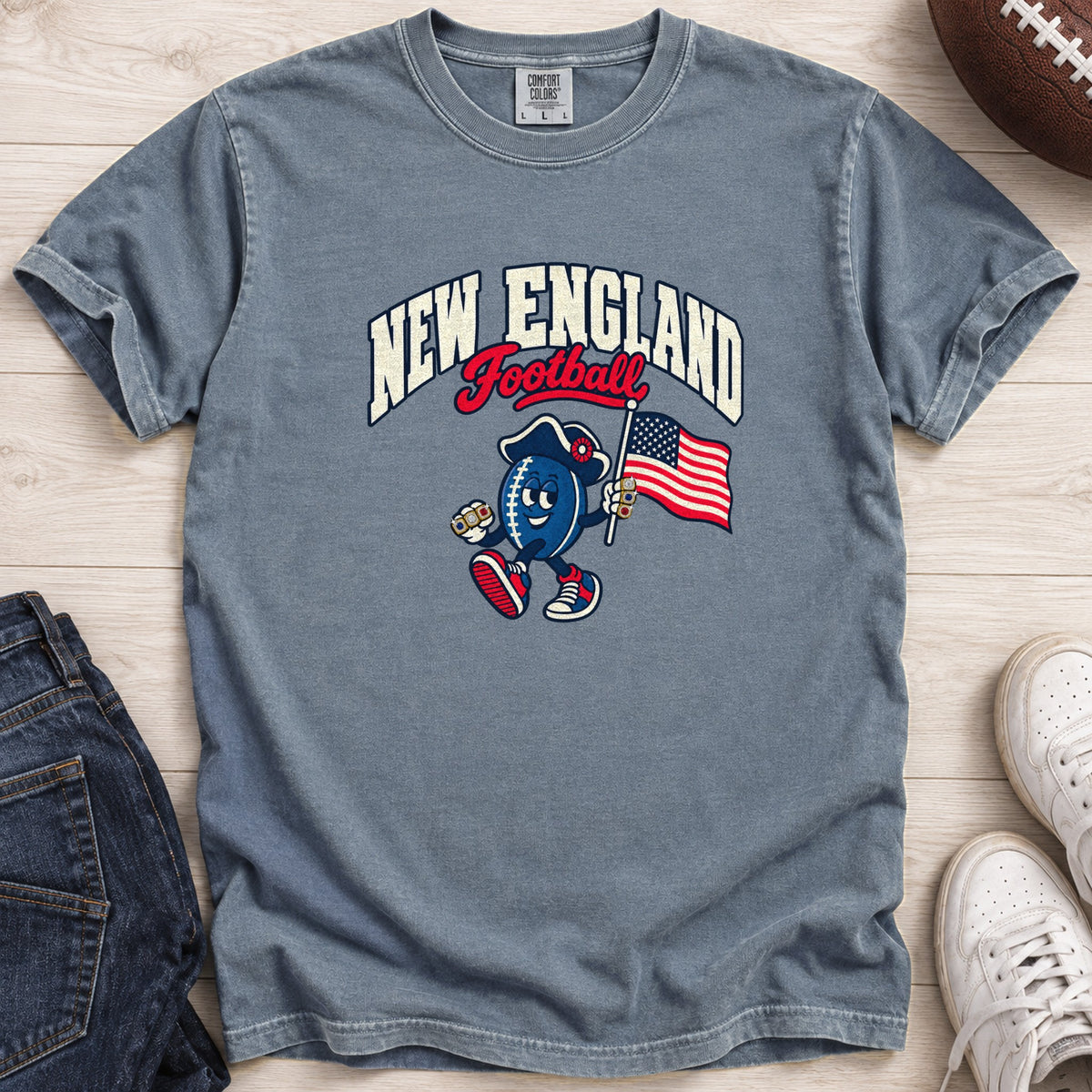 New England Football Retro Mascot T-Shirt in Comfort Colors Blue Jean