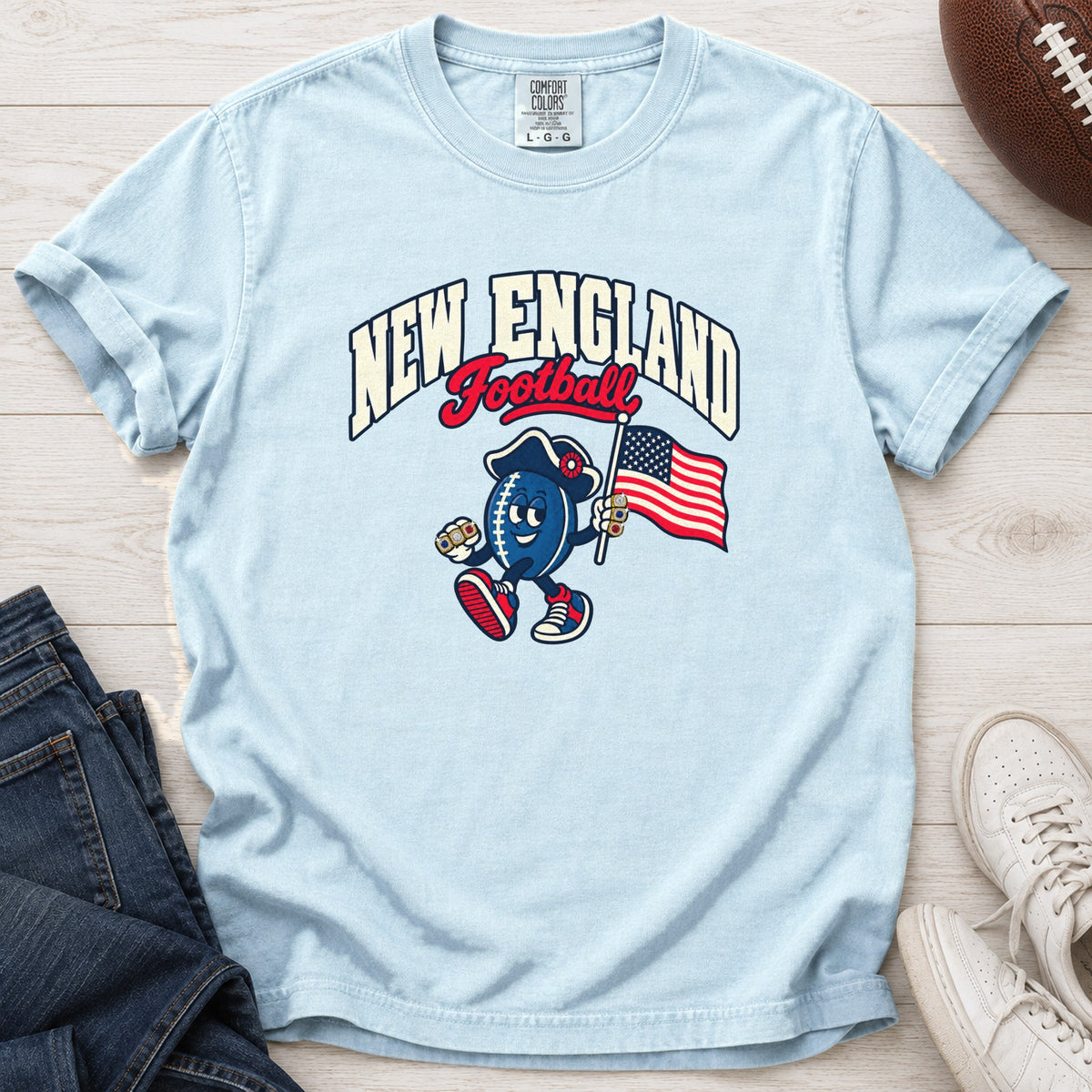 New England Football Retro Mascot T-Shirt in Comfort Colors Chambray