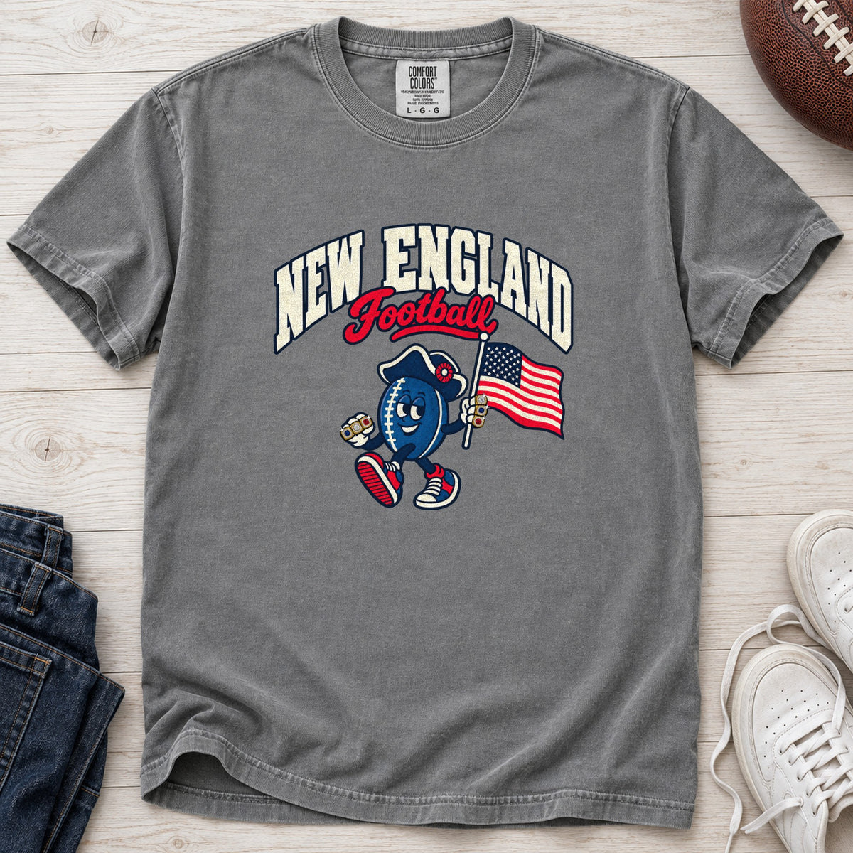 New England Football Retro Mascot T-Shirt in Comfort Colors Grey