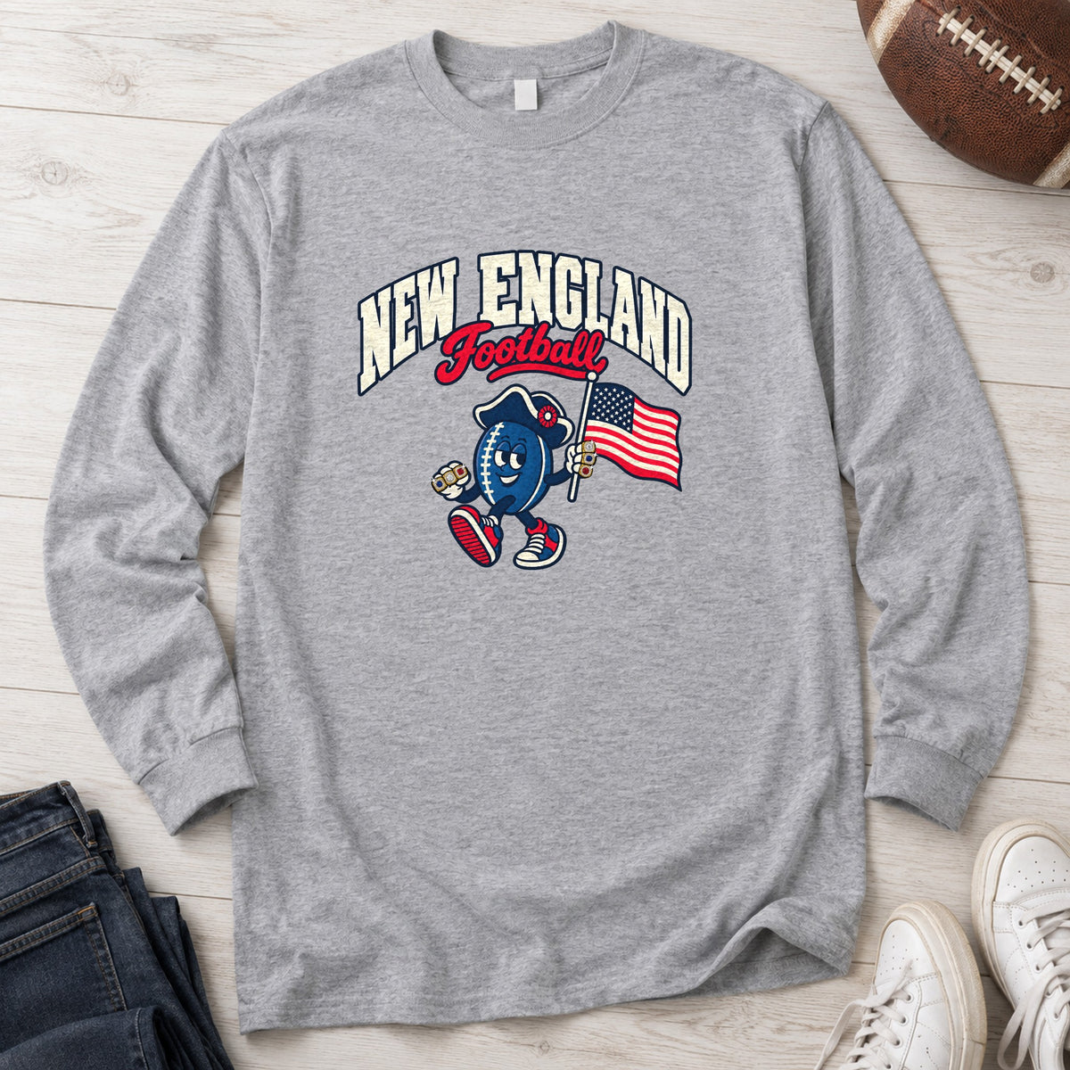 New England Football Retro Mascot Long Sleeve in Sport Grey