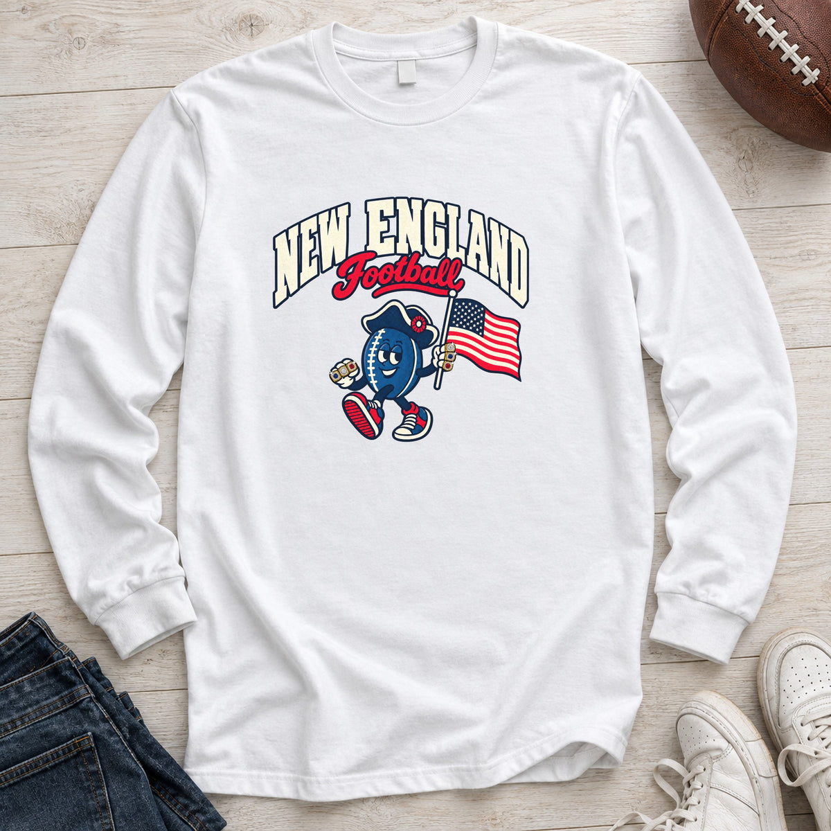 New England Football Retro Mascot Long Sleeve in White
