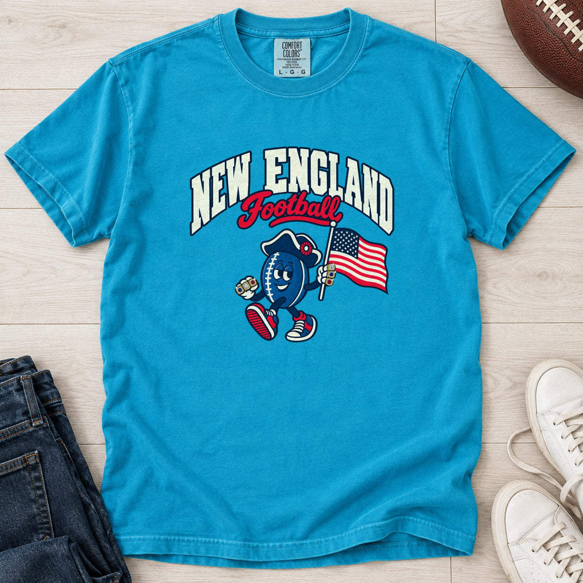 New England Football Retro Mascot T-Shirt in Comfort Colors Sapphire