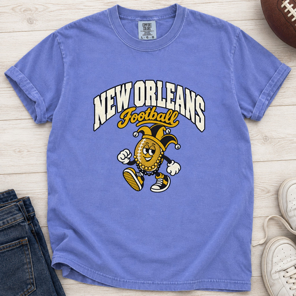 New Orleans Football Retro Mascot T-Shirt in Comfort Colors Flo Blue