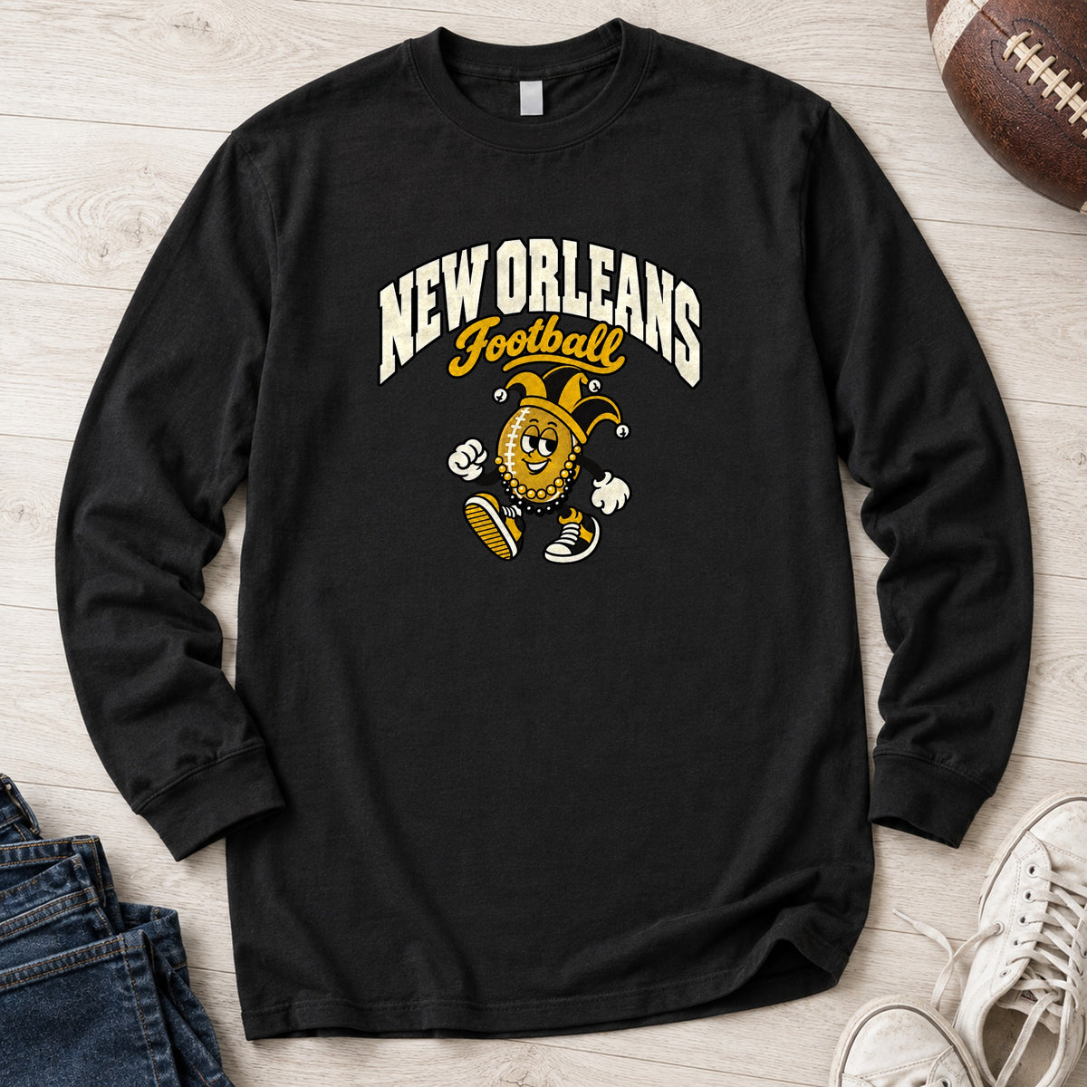 New Orleans Football Retro Mascot Long Sleeve in Black
