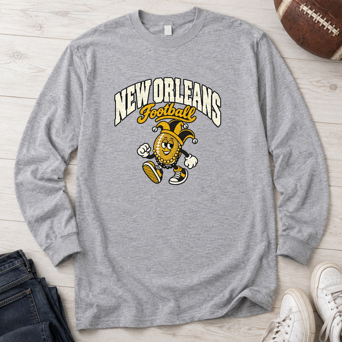 New Orleans Football Retro Mascot Long Sleeve in Sport Grey