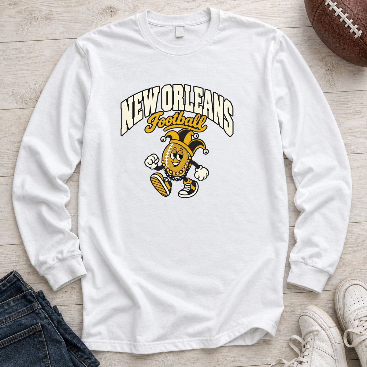 New Orleans Football Retro Mascot Long Sleeve in White