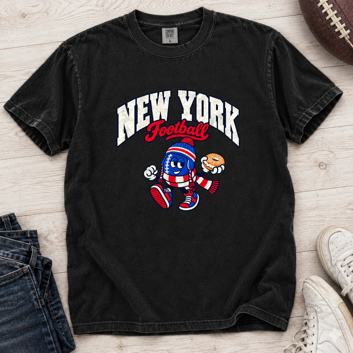 New York Football Bagel Retro Mascot T-Shirt in Comfort Colors Black