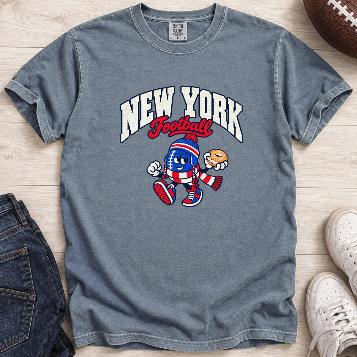 New York Football Bagel Retro Mascot T-Shirt in Comfort Colors Blue Jean