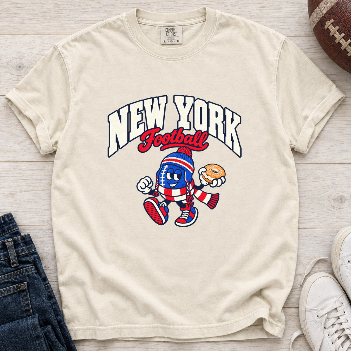 New York Football Bagel Retro Mascot T-Shirt in Comfort Colors Ivory