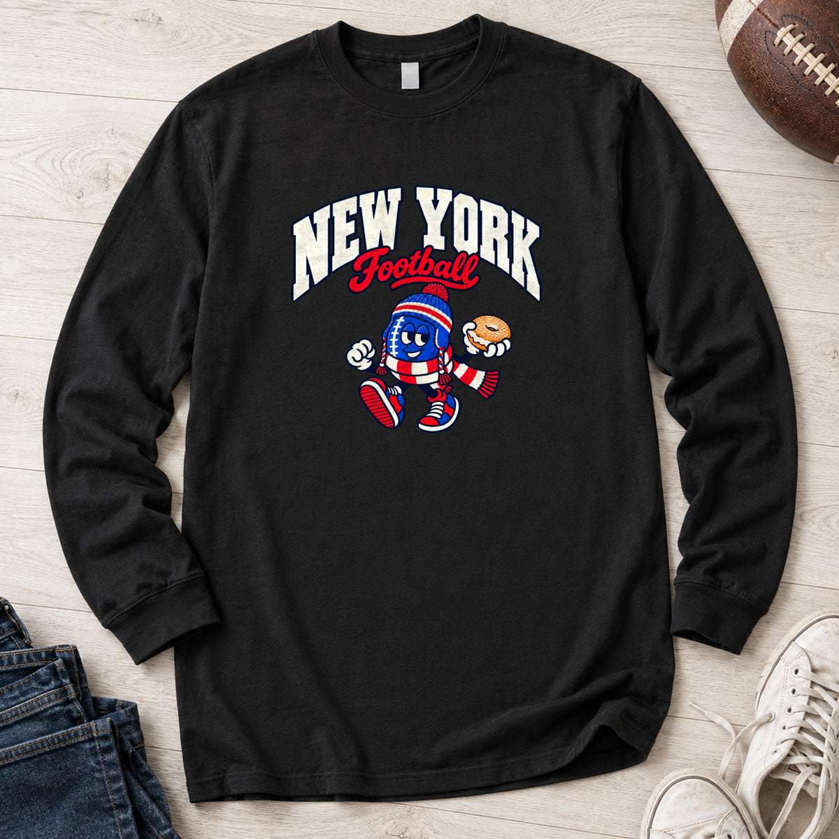 New York Football Bagel Retro Mascot Long Sleeve in Black