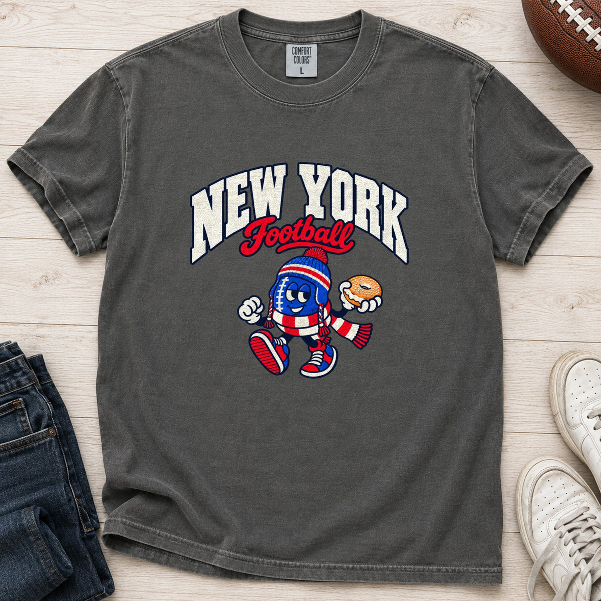 New York Football Bagel Retro Mascot T-Shirt in Comfort Colors Pepper