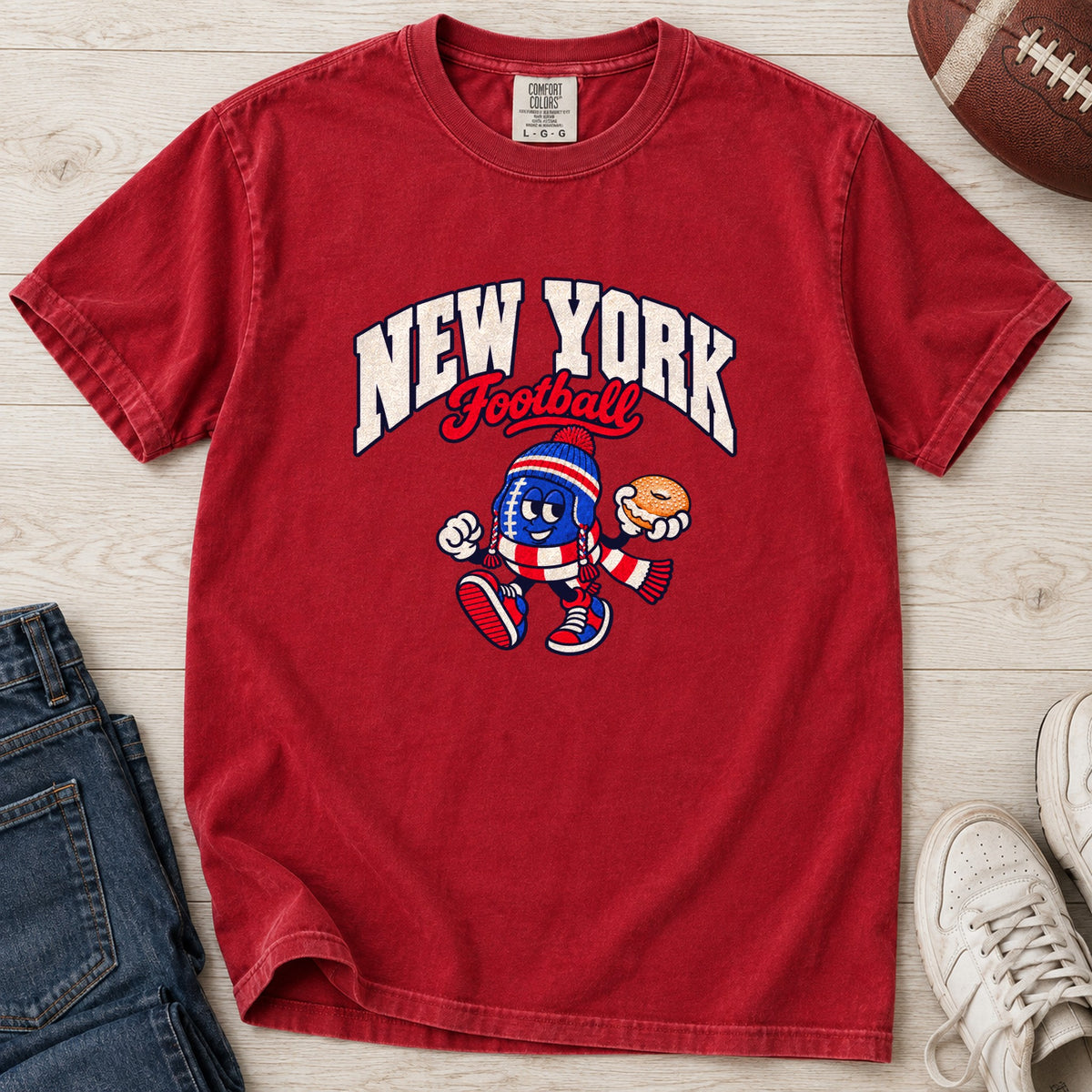 New York Football Bagel Retro Mascot T-Shirt in Comfort Colors Red