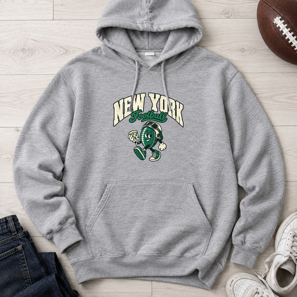 New York Football Pizza Retro Mascot Hoodie in Sport Grey