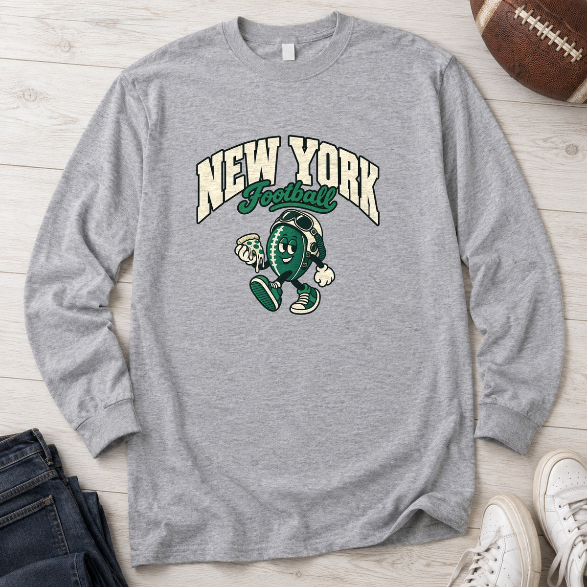 New York Football Pizza Retro Mascot Long Sleeve in Sport Grey