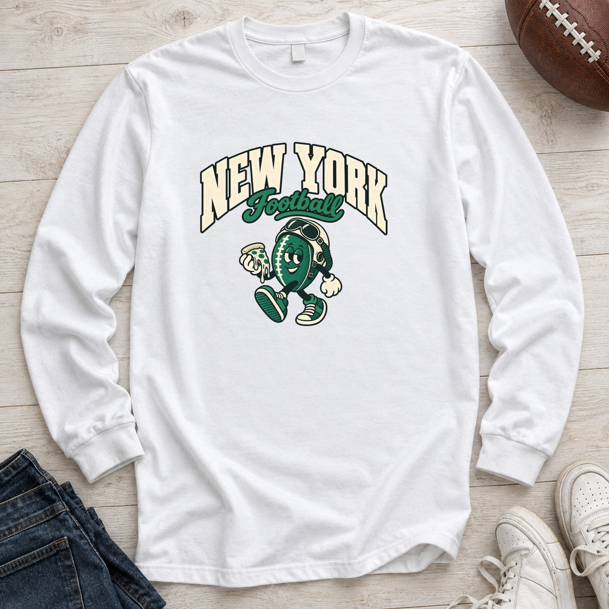 New York Football Pizza Retro Mascot Long Sleeve in White