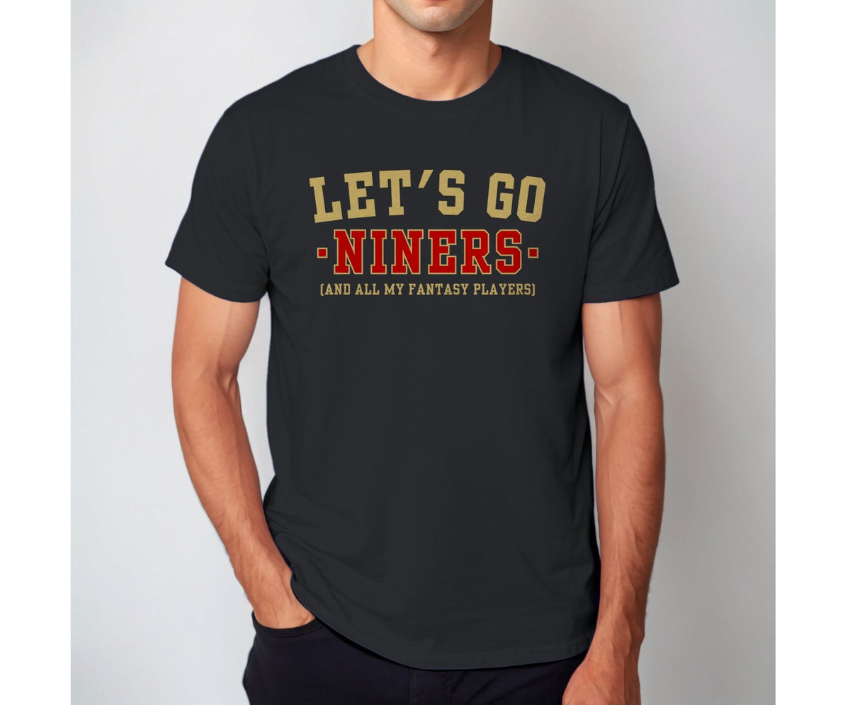 Man wearing the black Let's Go Niners fantasy football t-shirt with collegiate block lettering