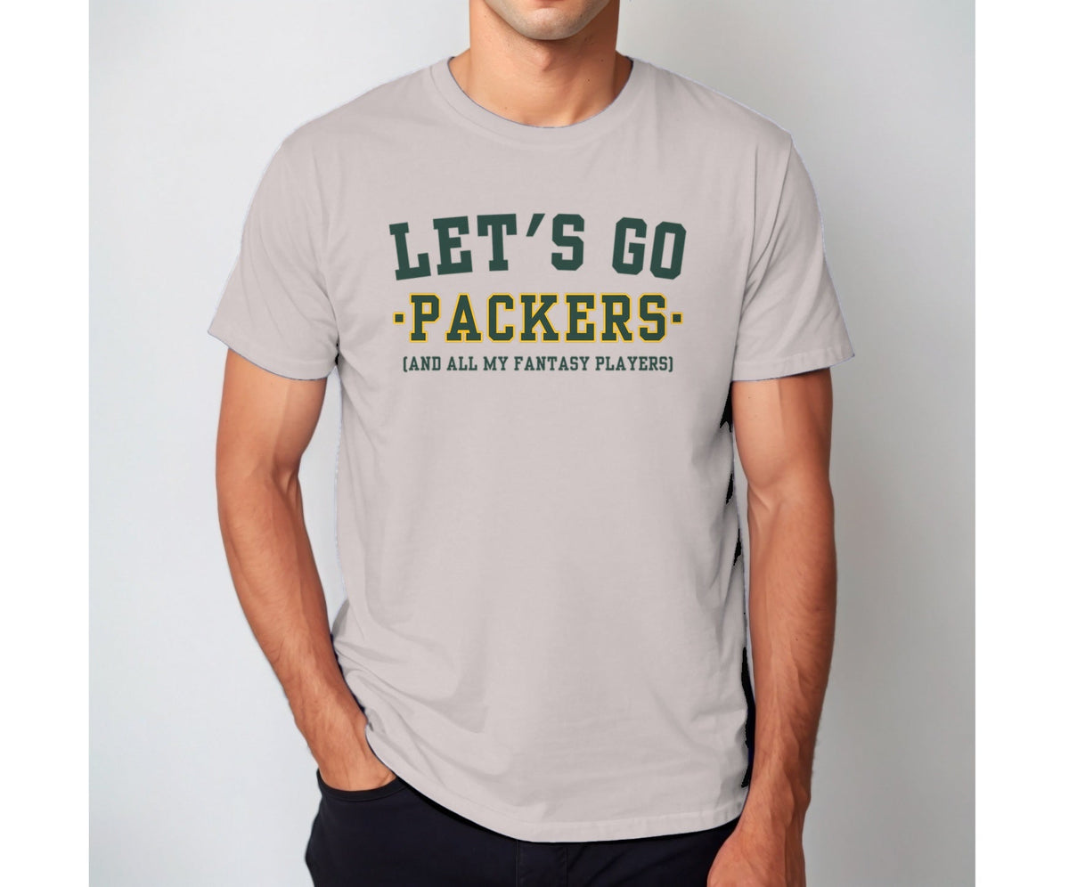 Man wearing the ice grey Let's Go Packers fantasy football t-shirt with collegiate block lettering