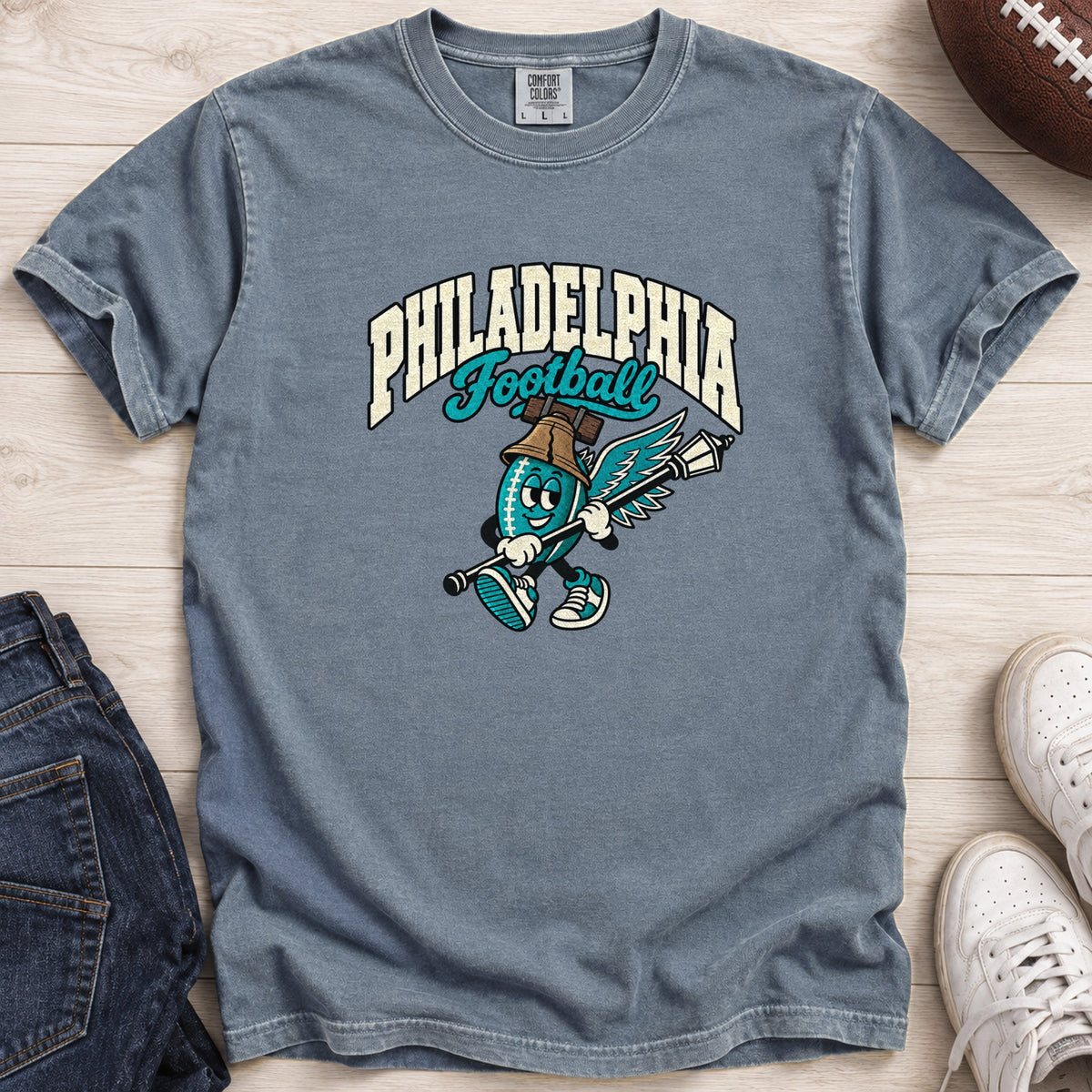 Philadelphia Football Retro Mascot T-Shirt in Comfort Colors Blue Jean