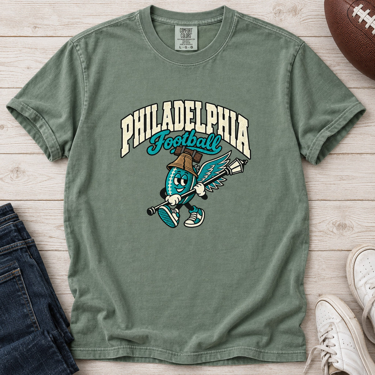 Philadelphia Football Retro Mascot T-Shirt in Comfort Colors Light Green
