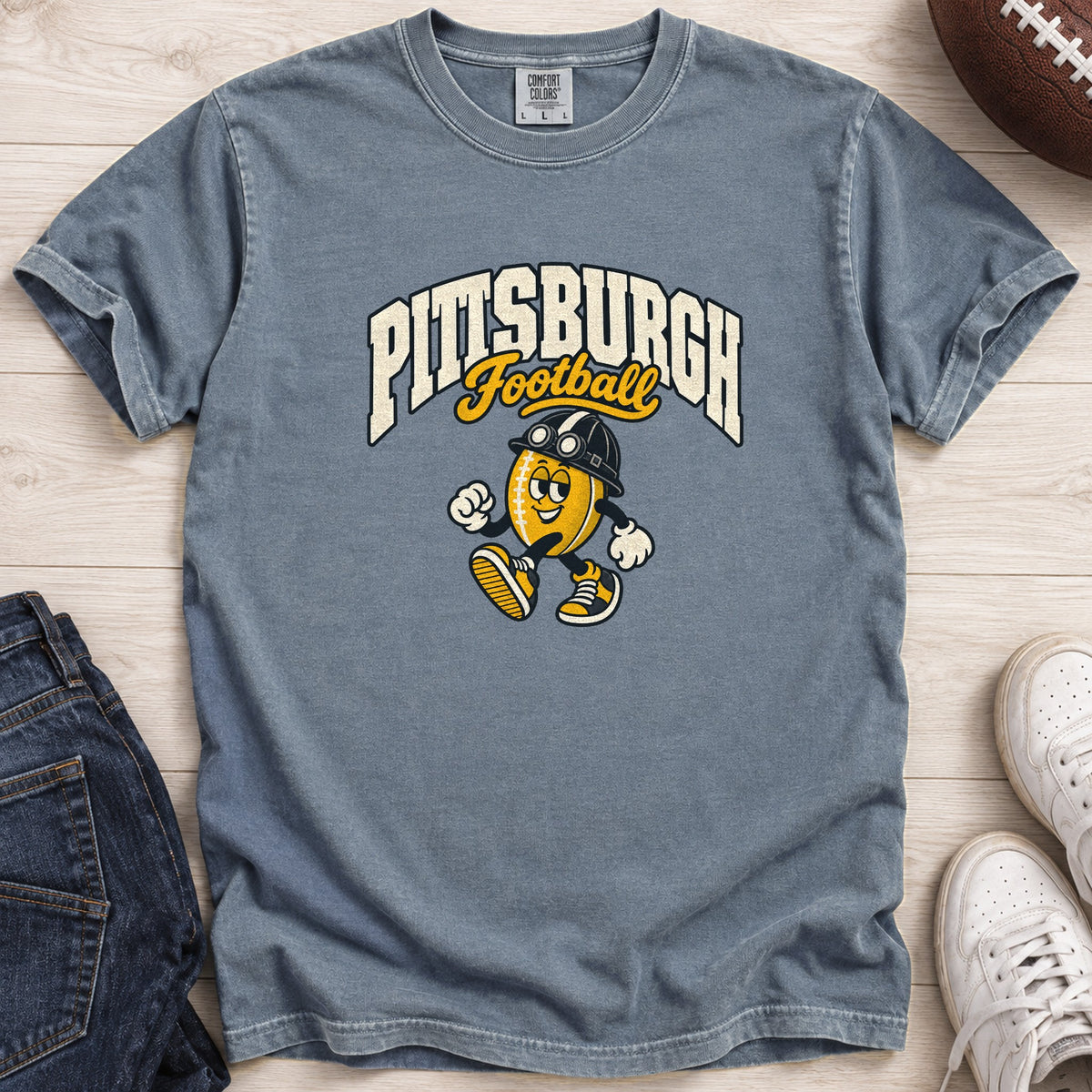 Pittsburgh Football Retro Mascot T-Shirt in Comfort Colors Blue Jean