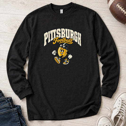 Pittsburgh Football Retro Mascot Long Sleeve in Black