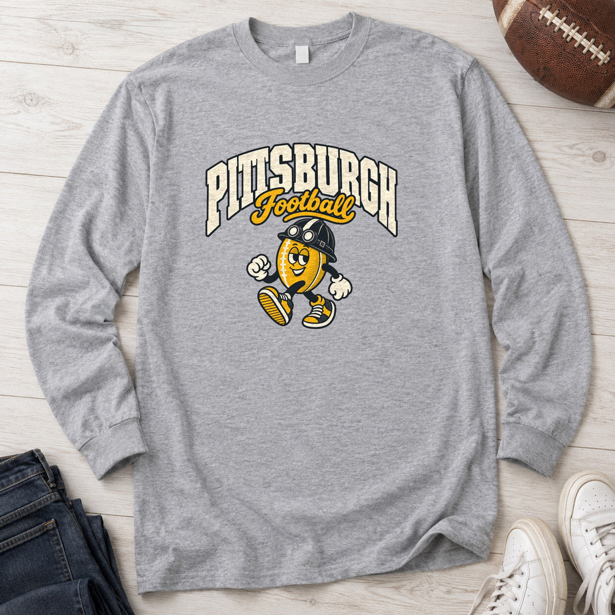 Pittsburgh Football Retro Mascot Long Sleeve in Sport Grey