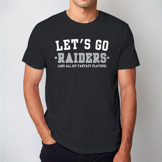 Man wearing the black Let's Go Raiders fantasy football t-shirt with collegiate block lettering