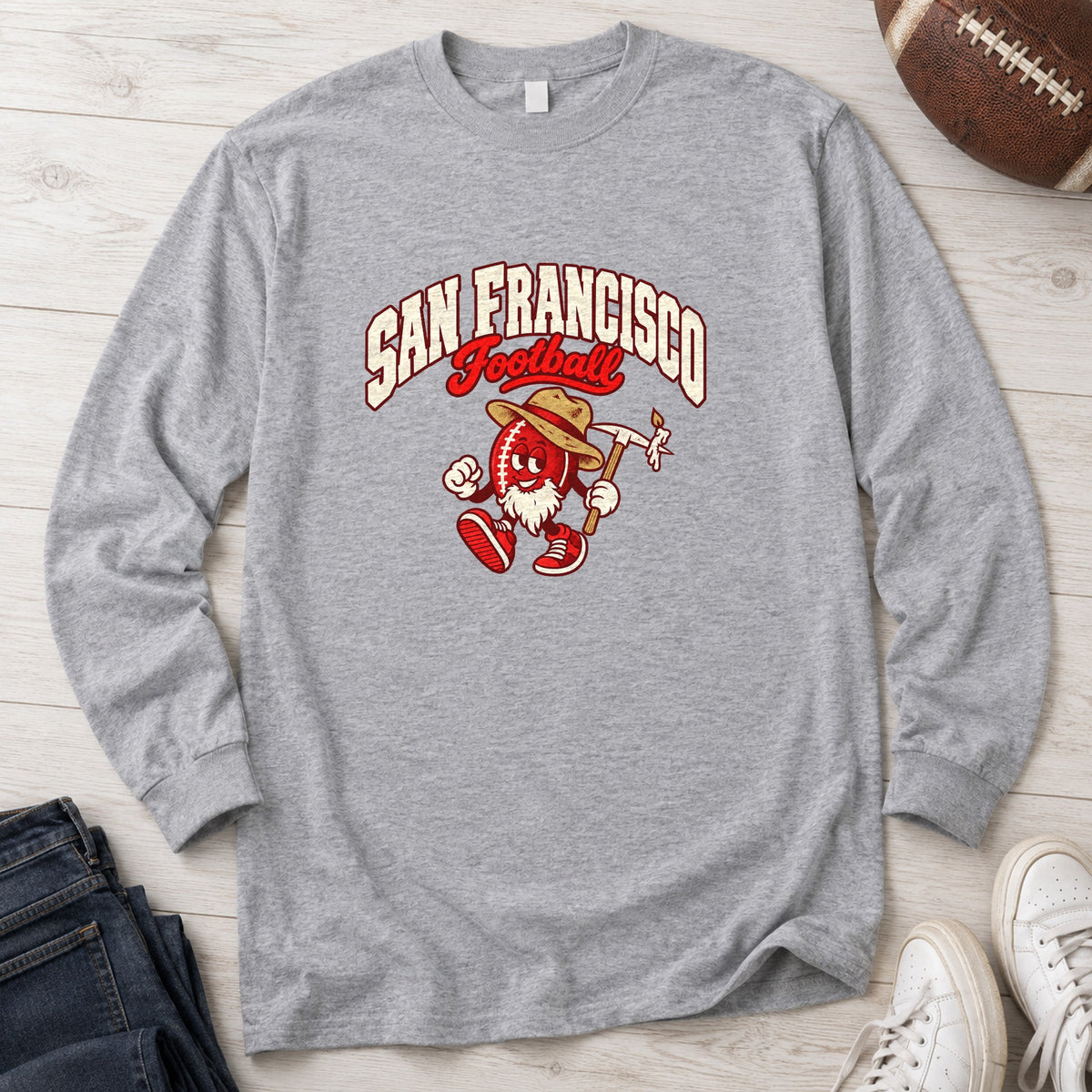San Francisco Football Retro Mascot Long Sleeve in Sport Grey