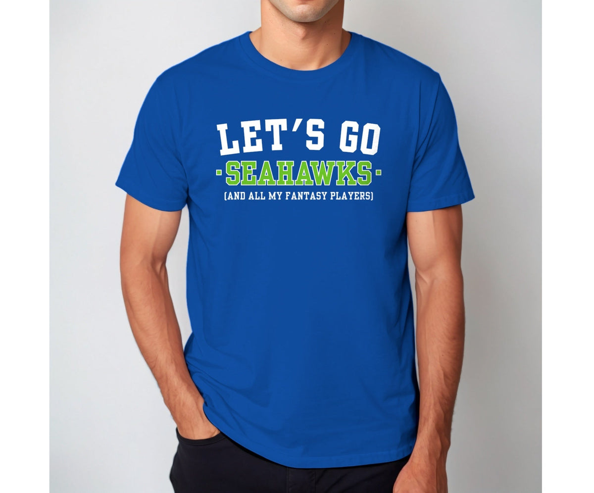 Man wearing the royal blue Let's Go Seahawks fantasy football t-shirt with collegiate block lettering