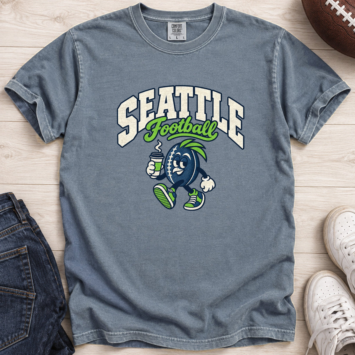 Seattle Football Retro Mascot T-Shirt in Comfort Colors Blue Jean