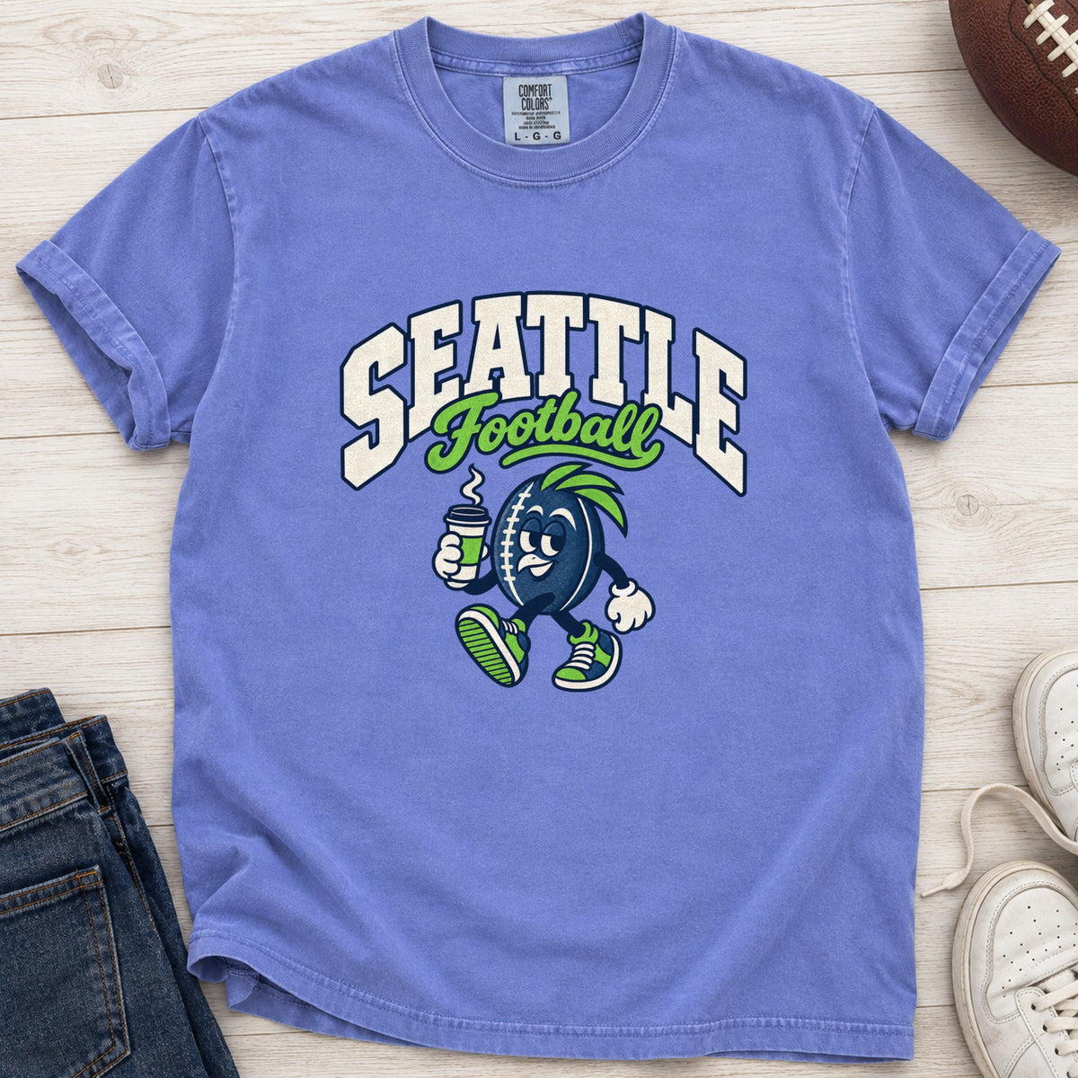 Seattle Football Retro Mascot T-Shirt in Comfort Colors Flo Blue