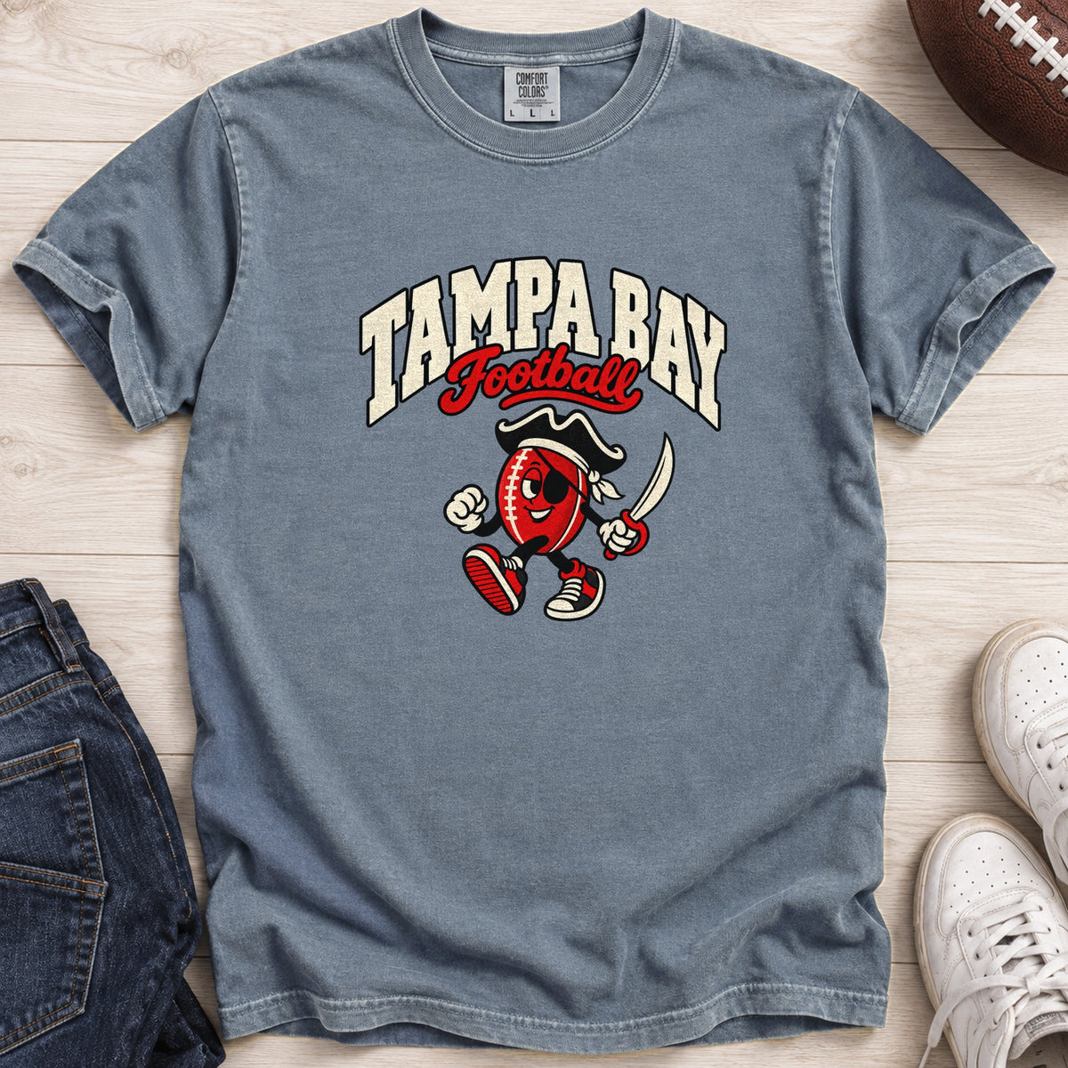 Tampa Bay Football Retro Mascot T-Shirt in Comfort Colors Blue Jean