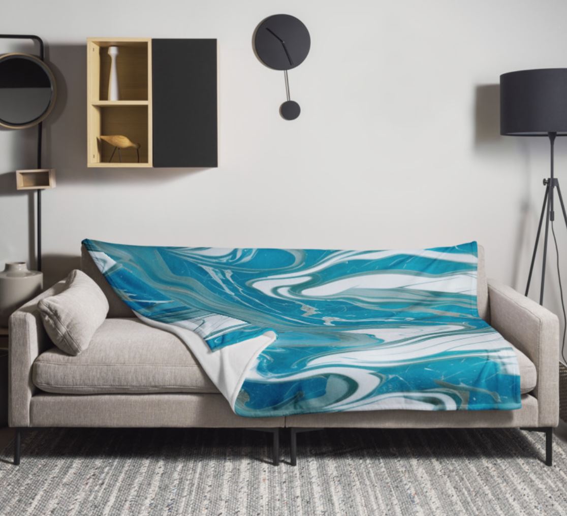Soft Silk Touch Throw Blanket - Teal, Gray, White Marble Abstract Design - Aqua Blue Cozy Blanket, Bright Colored Blanket - Beachy Decor