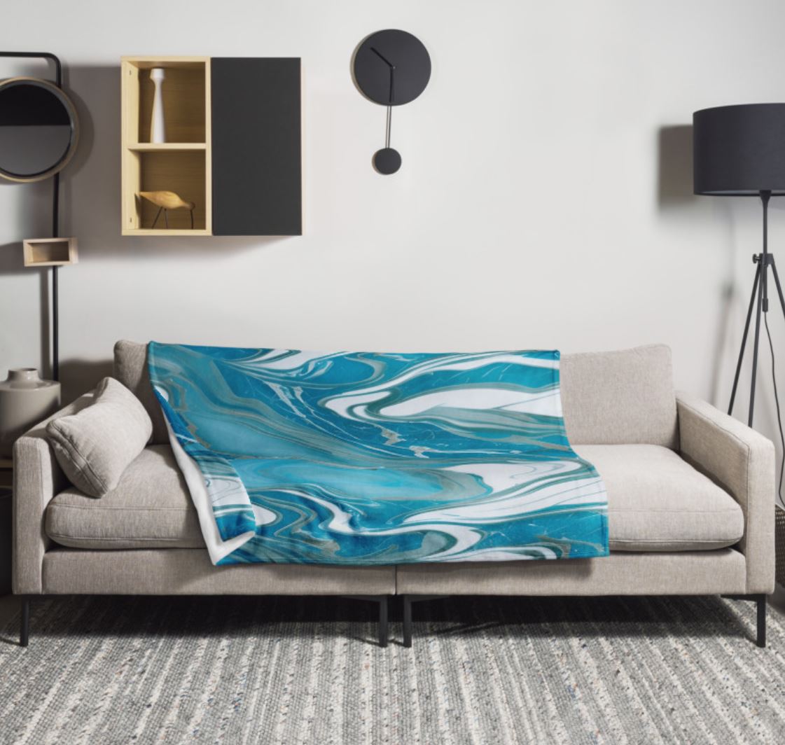 Soft Silk Touch Throw Blanket - Teal, Gray, White Marble Abstract Design - Aqua Blue Cozy Blanket, Bright Colored Blanket - Beachy Decor