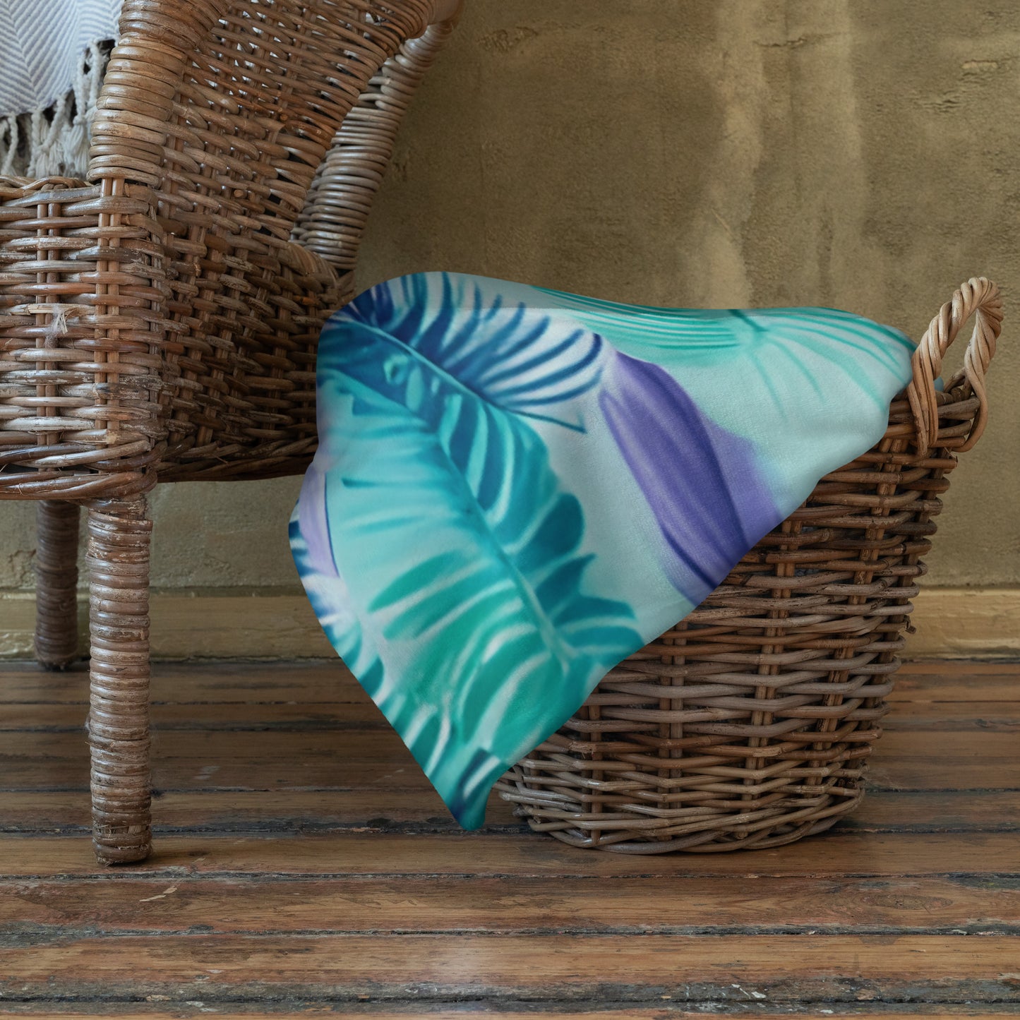 Soft Silk Touch Throw Blanket - Tropical Palm Leaves, Teal, Aqua, Purple, Pastel Colors, Cozy Bright Colored Blanket