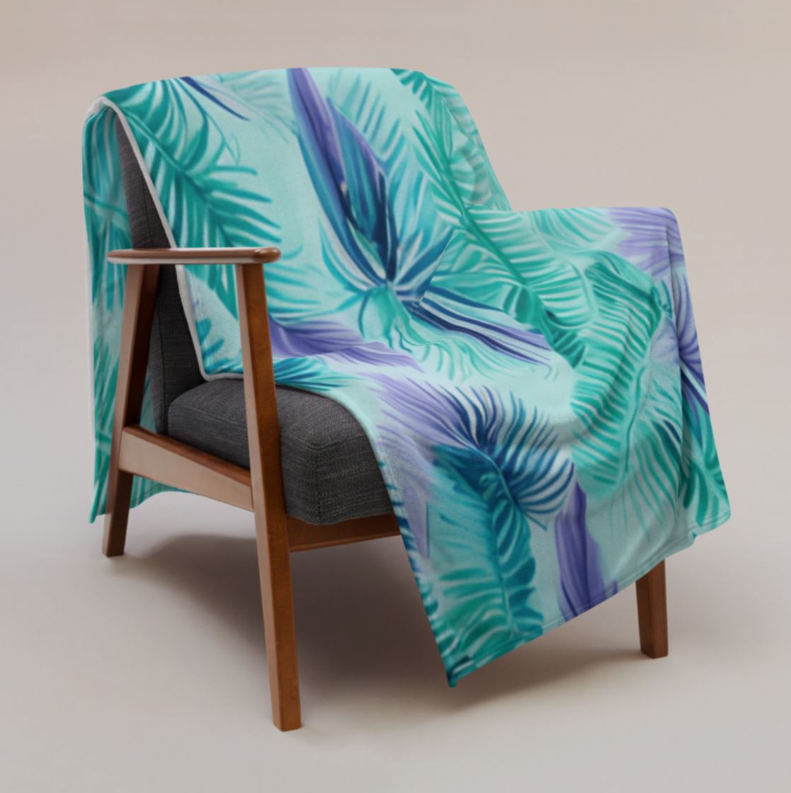 Soft Silk Touch Throw Blanket - Tropical Palm Leaves, Teal, Aqua, Purple, Pastel Colors, Cozy Bright Colored Blanket