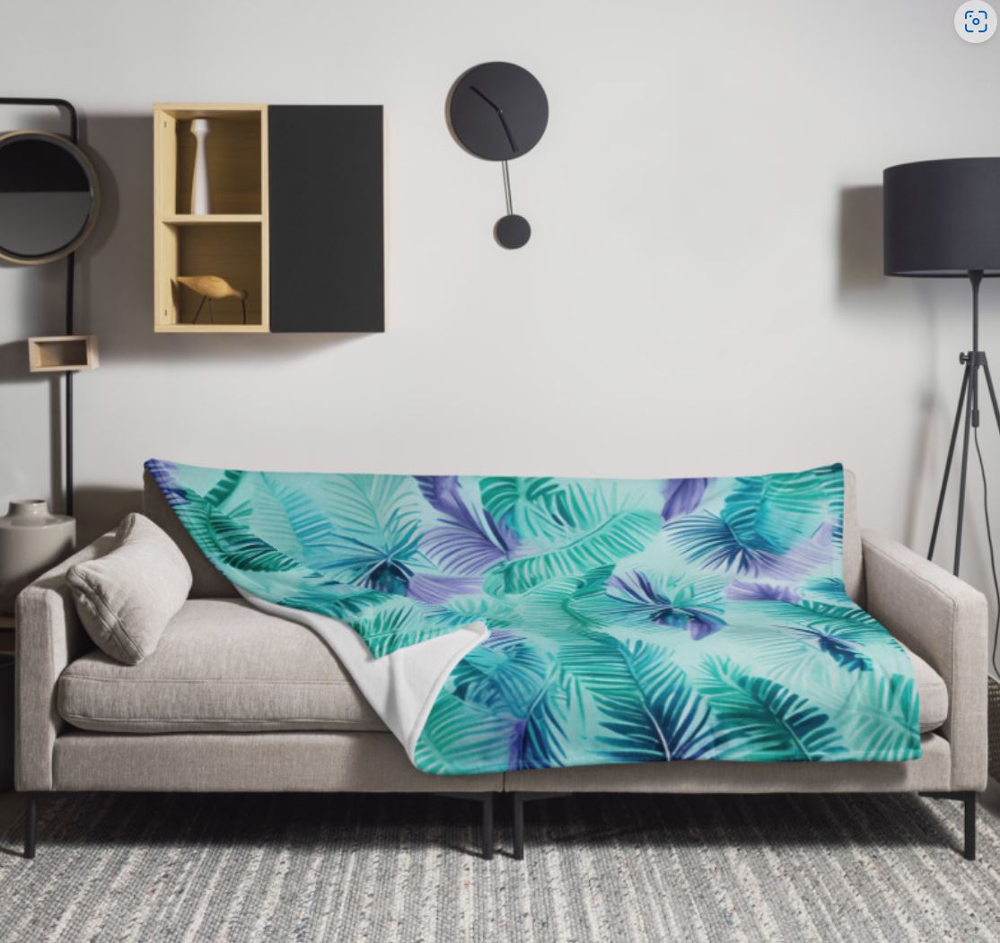 Soft Silk Touch Throw Blanket - Tropical Palm Leaves, Teal, Aqua, Purple, Pastel Colors, Cozy Bright Colored Blanket