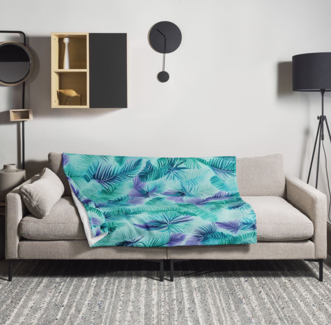 Soft Silk Touch Throw Blanket - Tropical Palm Leaves, Teal, Aqua, Purple, Pastel Colors, Cozy Bright Colored Blanket