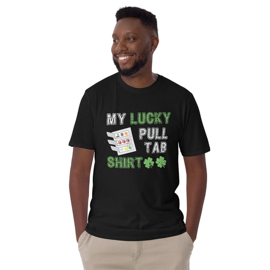 My Lucky Pull Tab funny Midwest gambling t-shirt - Black colorway, close-up
