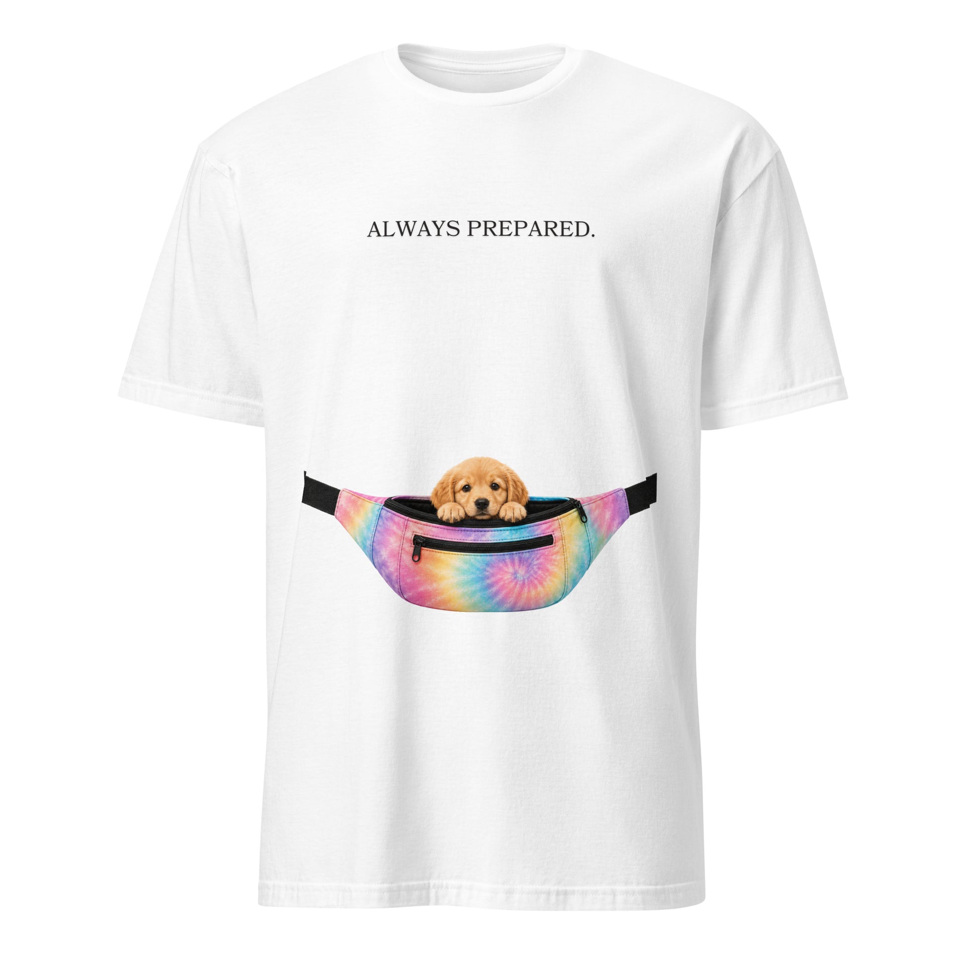 Funny Always Prepared puppy t-shirt featuring a cute dog peeking out of a colorful tie-dye fanny pack, printed on a unisex Gildan Softstyle graphic tee.
