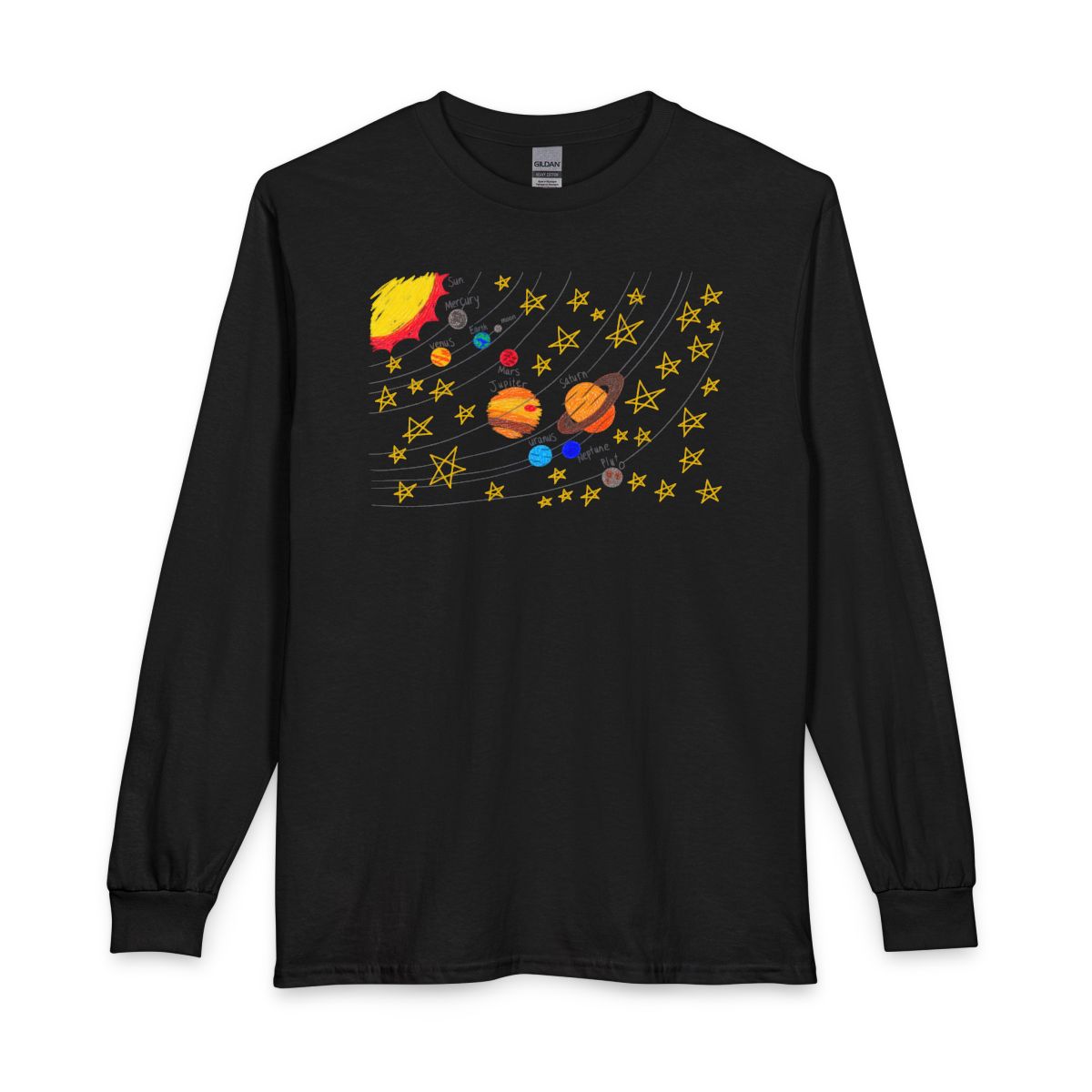 A black unisex long sleeve t-shirt displayed on a solid white background, printed with a hand drawn solar system in a child's handwriting, showing the sun, labelled planets, orbit lines and yellow stars.
