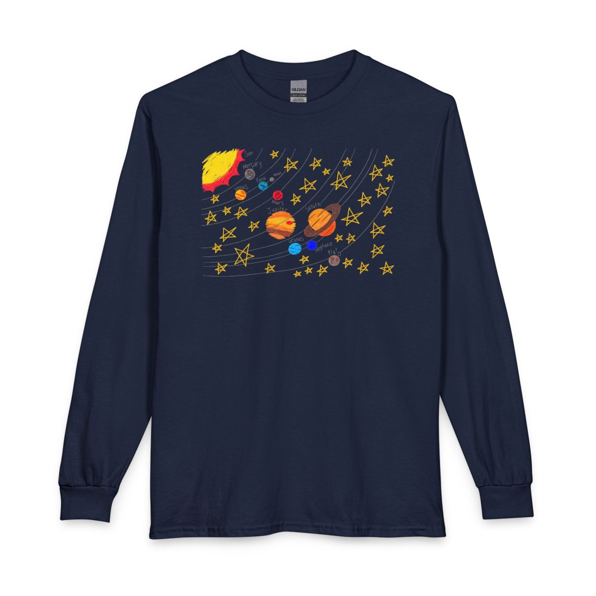 A navy blue unisex long sleeve t-shirt displayed on a solid white background, printed with a hand drawn solar system in a child's handwriting, showing the sun, labelled planets, orbit lines and yellow stars.