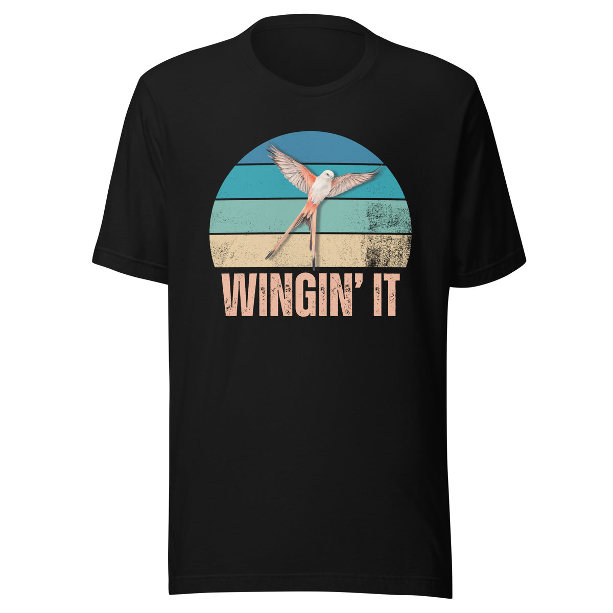 Black Wingin' It graphic tee with a Wingspan-inspired scissor-tailed flycatcher and colorful retro sunset design