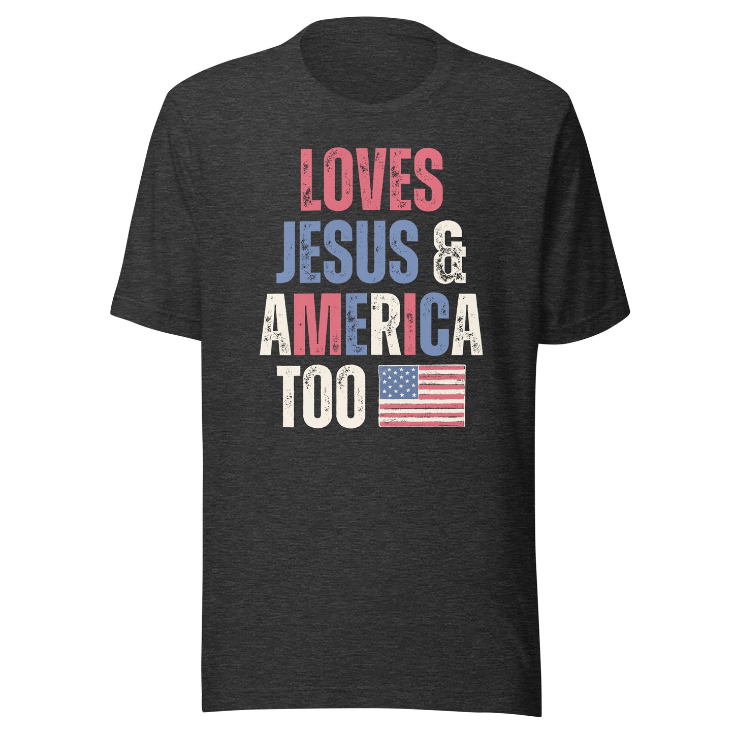 Fun Patriotic T-Shirt - Loves Jesus & America Too - 4th of July Shirt - American Flag Shirt - USA - Free Fallin - Unisex Bella Canvas T-Shirts