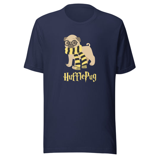 Navy HufflePug t-shirt, front view of the bespectacled pug in a Hufflepuff-style striped scarf beneath wizard-style HufflePug lettering – pug lover and potterhead gift